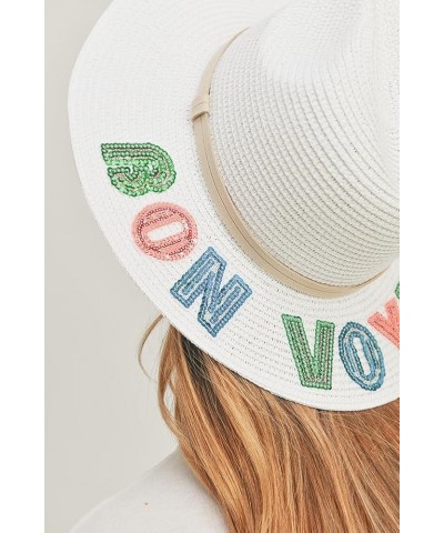 Women's Fashion Sequin Letter Sun Panama Hat Bon Voyage White $16.33 Sun Hats