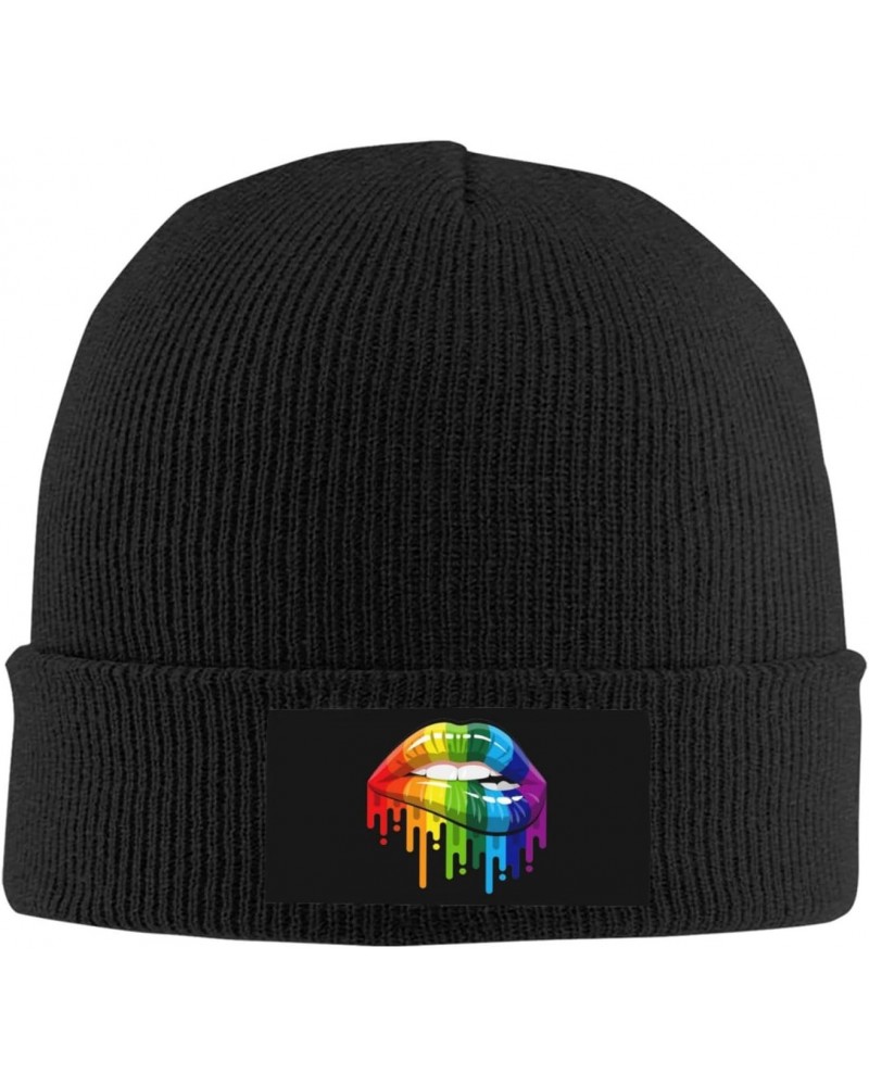 LGBT Rainbow Lip Gay Pride Cozy Knitted Beanie Hat - Stylish Winter Headwear Acrylic Ideal for All Ages Black $11.89 Skullies...