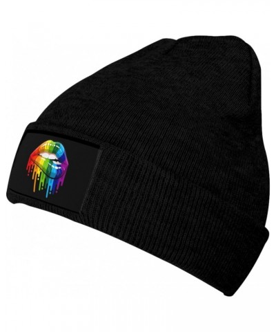 LGBT Rainbow Lip Gay Pride Cozy Knitted Beanie Hat - Stylish Winter Headwear Acrylic Ideal for All Ages Black $11.89 Skullies...