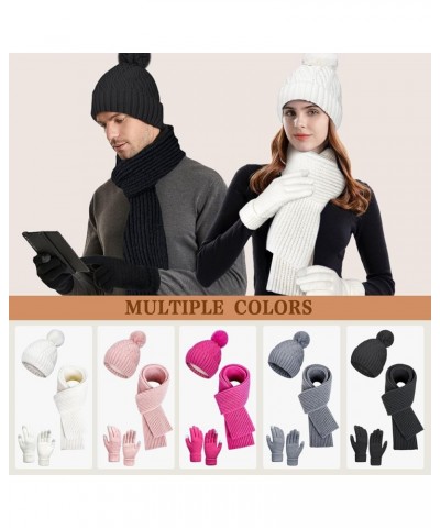 1/2/3 Pcs Womens Winter Warm Knit Beanie Hat with Fleece Lined/Neck Warmer Long Scarf/Touchscreen Gloves Set Grey-3pcs-hat+sc...