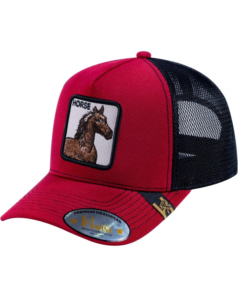 V2 Embroidered The Horse - 5 Panel Trucker Hat - Burgundy/Black $24.74 Baseball Caps