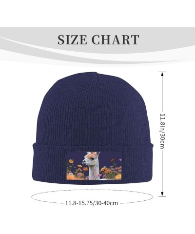 Beanie for Women Men Warm Alpaca Surrounded by Flowers Winter Hat for Women Thick Knit Beanies for Winter Cuffed Cap Navy Blu...