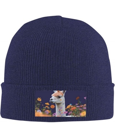 Beanie for Women Men Warm Alpaca Surrounded by Flowers Winter Hat for Women Thick Knit Beanies for Winter Cuffed Cap Navy Blu...