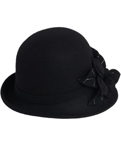 Women Winter Cloche Hat Wool Felt Fedora Hats Church Cap with Flowers Vintage Warm Wool Fedoras Black $48.77 Fedoras