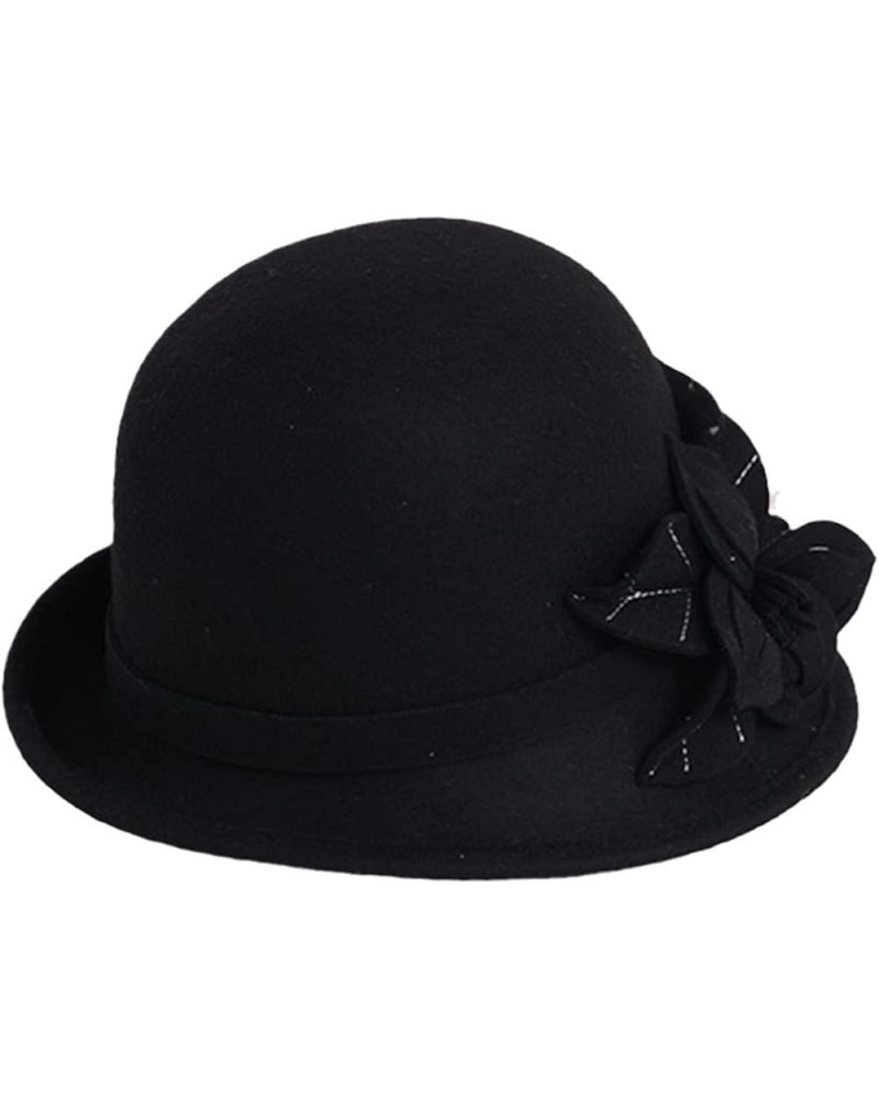 Women Winter Cloche Hat Wool Felt Fedora Hats Church Cap with Flowers Vintage Warm Wool Fedoras Black $48.77 Fedoras