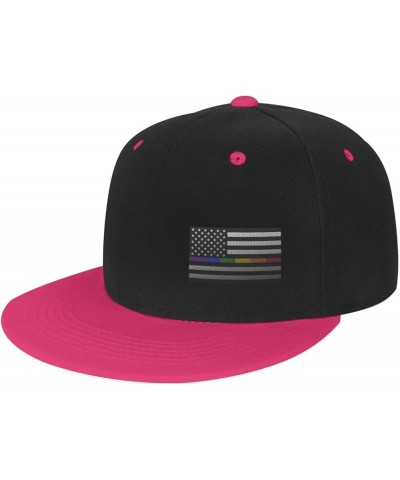 Mesh Style United States Rainbow Fine Line Flag Snapback Hat Flat Bill Hat Baseball Cap for Men Women Flat Brim Hats Pink $9....