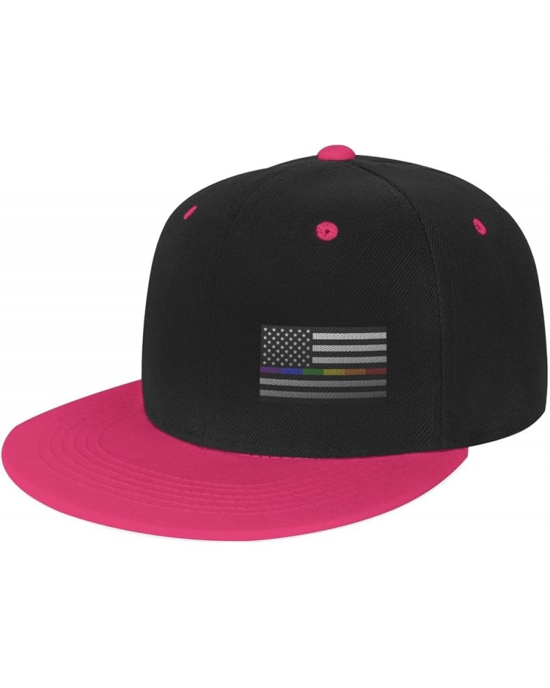 Mesh Style United States Rainbow Fine Line Flag Snapback Hat Flat Bill Hat Baseball Cap for Men Women Flat Brim Hats Pink $9....