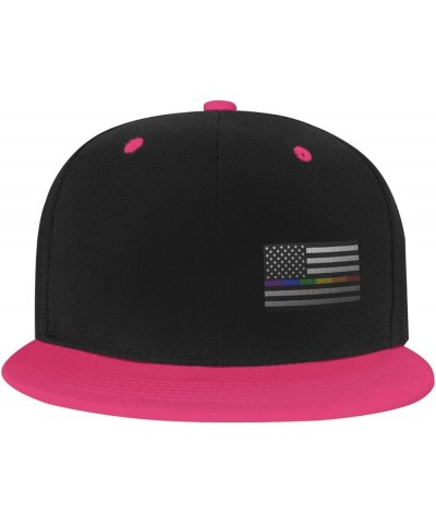 Mesh Style United States Rainbow Fine Line Flag Snapback Hat Flat Bill Hat Baseball Cap for Men Women Flat Brim Hats Pink $9....