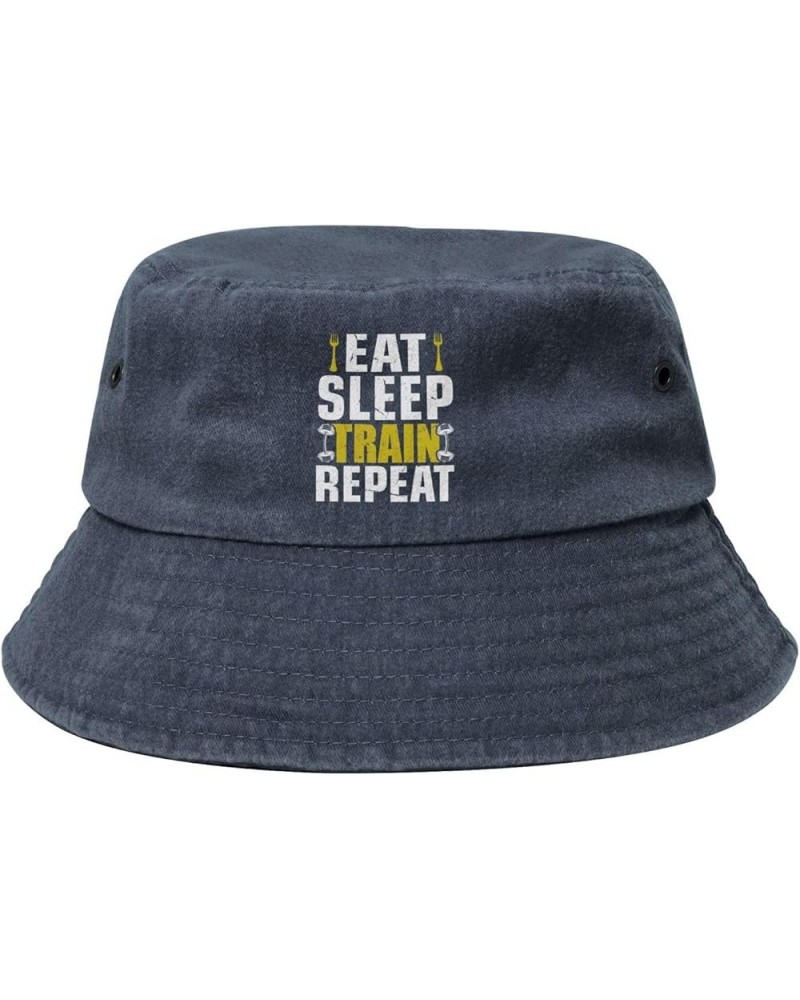 Eat Sleep Train Repeat Bucket Hat for Women Men Summer Travel Sun Hat Outdoor Cap Funny Bucket Hats Navy Blue $13.98 Bucket Hats