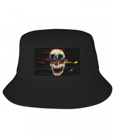 Unisex Glitch Screaming Skull Print Double-Side-Wear Reversible Bucket Hat Travel Beach Hat Black $10.65 Bucket Hats