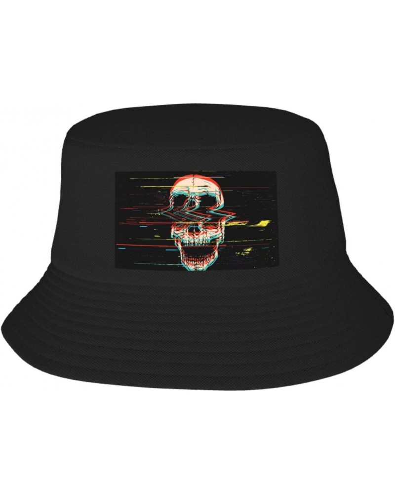 Unisex Glitch Screaming Skull Print Double-Side-Wear Reversible Bucket Hat Travel Beach Hat Black $10.65 Bucket Hats