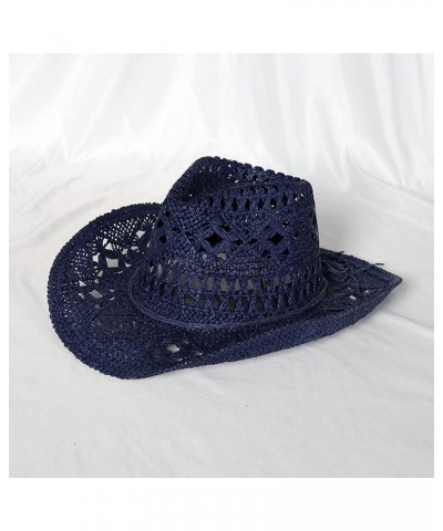 Fashion Lady Foldable Casual Cap Wide Sun Straw Hat for Women and Men Cowboy Birthday Navy $12.20 Cowboy Hats