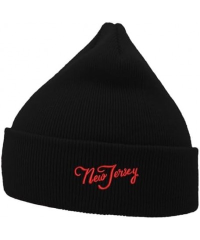 Mens Beanie Knit Hats NJ New Jersey Embroidered Unisex Casual Beanies Hats for Winter Black $13.28 Skullies & Beanies