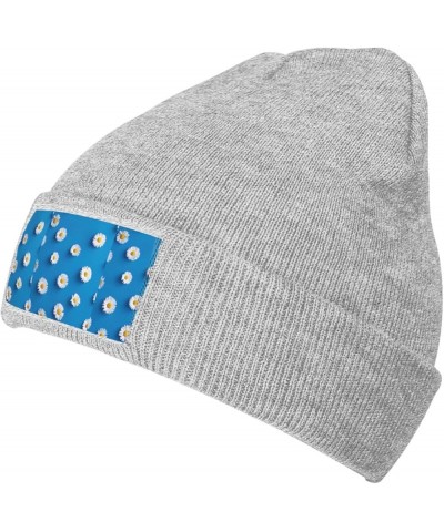 White Daisy Print Knitted Hat Daily Warm Hat,Outdoor Beanie Men & Women,Elastic Hat Without Brim Gray $12.73 Skullies & Beanies