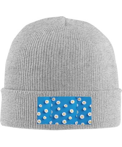 White Daisy Print Knitted Hat Daily Warm Hat,Outdoor Beanie Men & Women,Elastic Hat Without Brim Gray $12.73 Skullies & Beanies