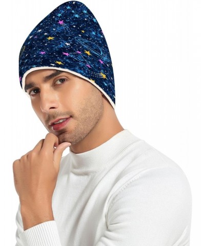 Space Dark Blue Textured Unisex Winter Beanie Hat Soft Stretchy Winter for Women Men White $9.02 Skullies & Beanies