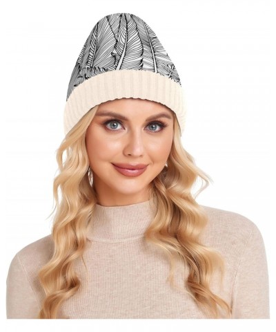 Black and White Feathers Knit Beanie Hat Soft Unisex Winter Beanie Hat for Adults Kids Women Men White $10.12 Skullies & Beanies