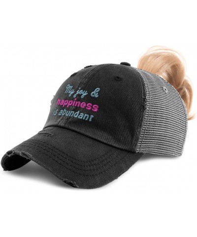 Womens Ponytail Cap My Joy & Happiness is Abundant B Cotton Distressed Trucker Hats Black Grey $15.89 Baseball Caps