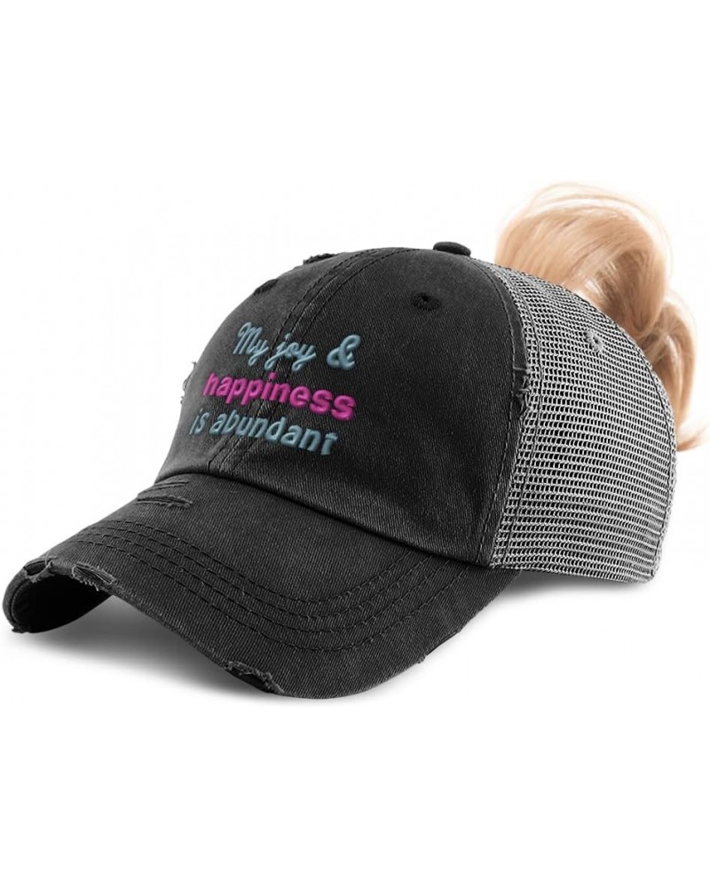 Womens Ponytail Cap My Joy & Happiness is Abundant B Cotton Distressed Trucker Hats Black Grey $15.89 Baseball Caps