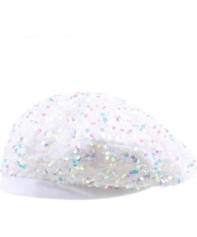 Womens Sequin Berets Fashion Colorful Shining Fascinators Hats Casual All-Match Adjustable Beanie Painter Cap (Color : Silver...