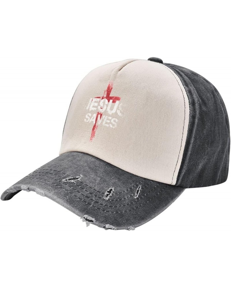 Jesus Saves Cotton Men's Baseball Hat Classic Washed Denim Trucker Hat Adjustable,Dark Red Black and White $10.63 Baseball Caps