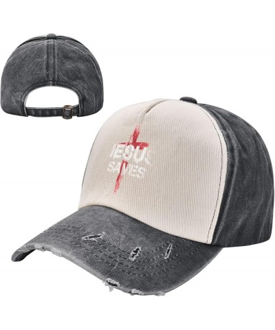 Jesus Saves Cotton Men's Baseball Hat Classic Washed Denim Trucker Hat Adjustable,Dark Red Black and White $10.63 Baseball Caps