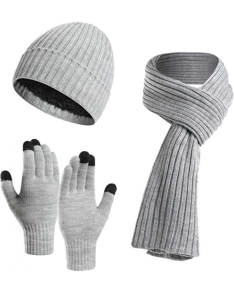 3-Pieces Winter Hat Scarf Gloves Set Beanie Hat Plain Warmer Winter Hats Slouchy Scarf For Men Women Beanies Winter F05-light...