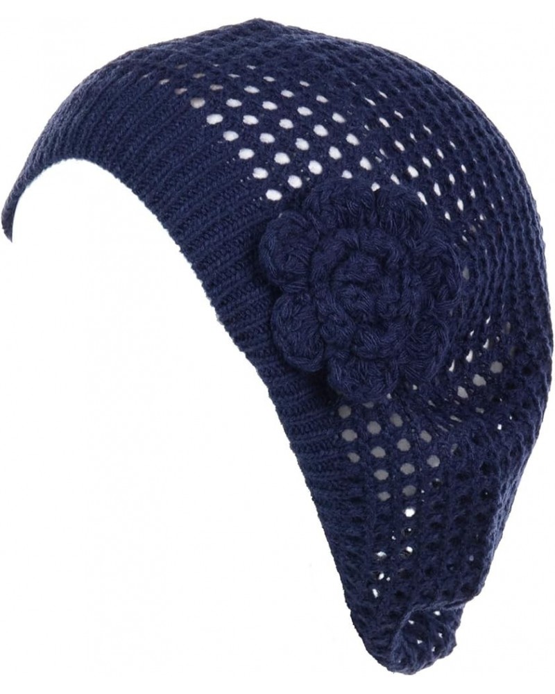 an Womens Crochet Flower Beanie Hats Lightweight Cutout Knit Beret Fashion Cap 5110f-navy $10.19 Berets