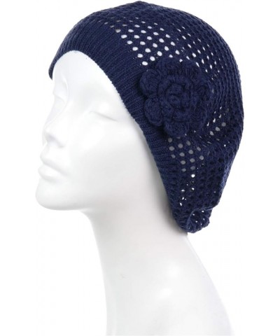 an Womens Crochet Flower Beanie Hats Lightweight Cutout Knit Beret Fashion Cap 5110f-navy $10.19 Berets