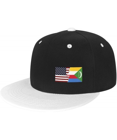 Torn Style American and The Comoros Flags Snapback Hat Flat Bill Hat Baseball Cap for Men Women Flat Brim Hats White $14.12 B...