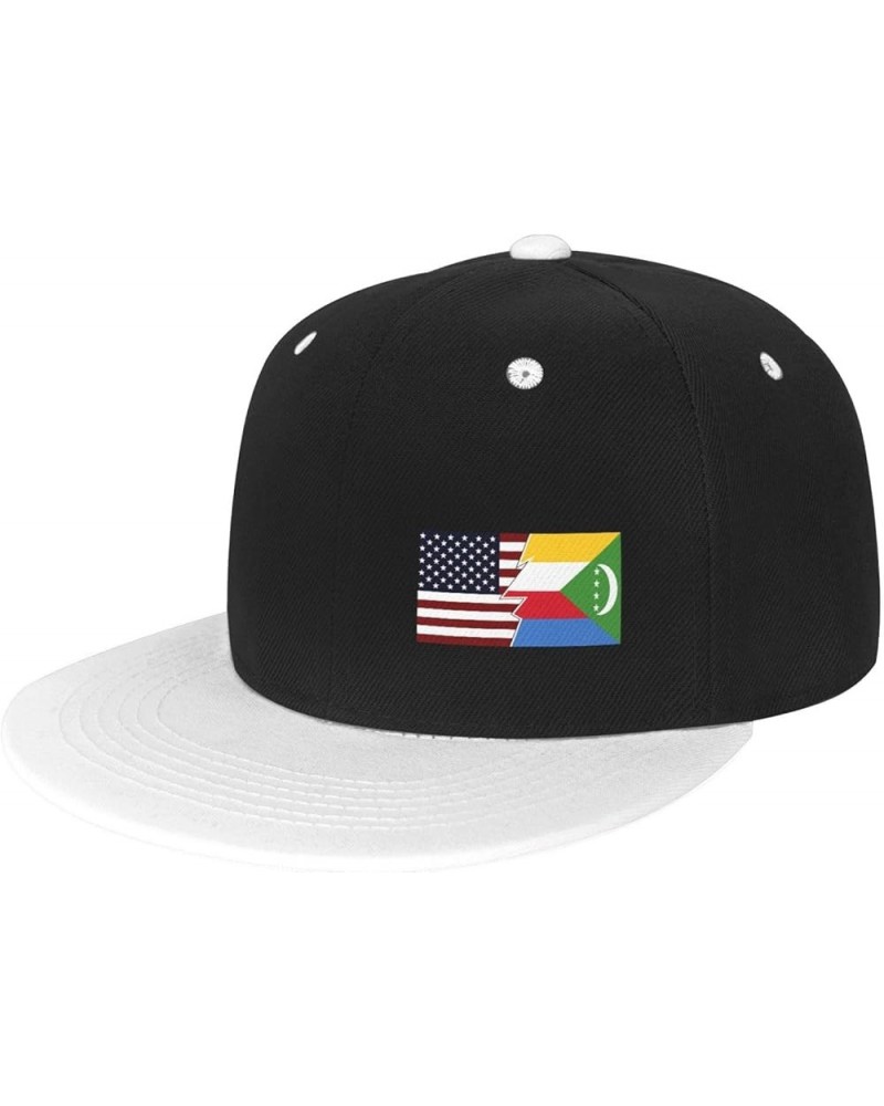 Torn Style American and The Comoros Flags Snapback Hat Flat Bill Hat Baseball Cap for Men Women Flat Brim Hats White $14.12 B...