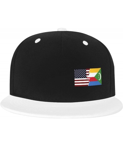 Torn Style American and The Comoros Flags Snapback Hat Flat Bill Hat Baseball Cap for Men Women Flat Brim Hats White $14.12 B...