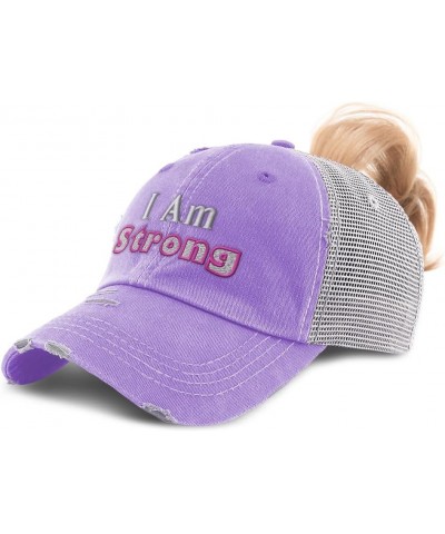 Womens Ponytail Cap I Am Strong Style B Cotton Distressed Trucker Hats Lavender $12.47 Baseball Caps