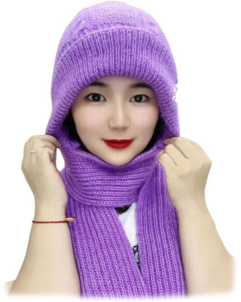 Integrated Ear Protection Windproof Cap Scarf, Knitting Thick Warm Ear Guard Hat Purple $9.50 Skullies & Beanies