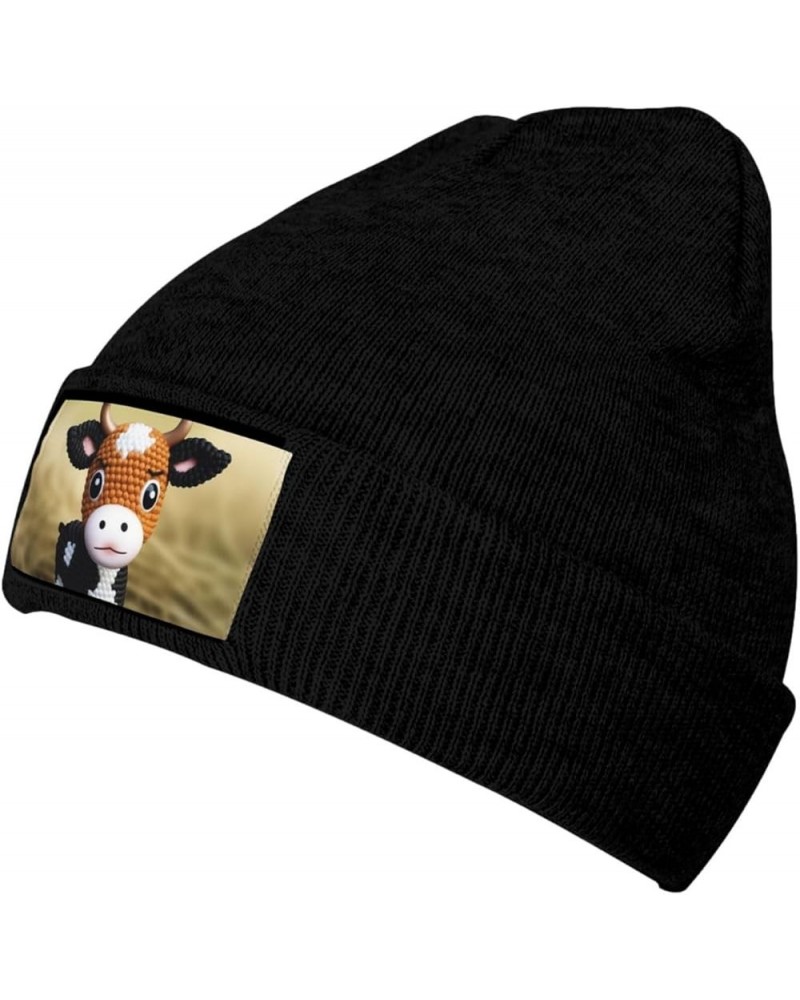 Beanie Hats for Women Men Knit Hat Cute Little Cow Calf Pattern Print Beanies Cap Fashion Cuffed Sports Hat Black $11.99 Skul...