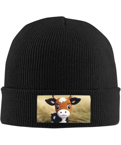 Beanie Hats for Women Men Knit Hat Cute Little Cow Calf Pattern Print Beanies Cap Fashion Cuffed Sports Hat Black $11.99 Skul...