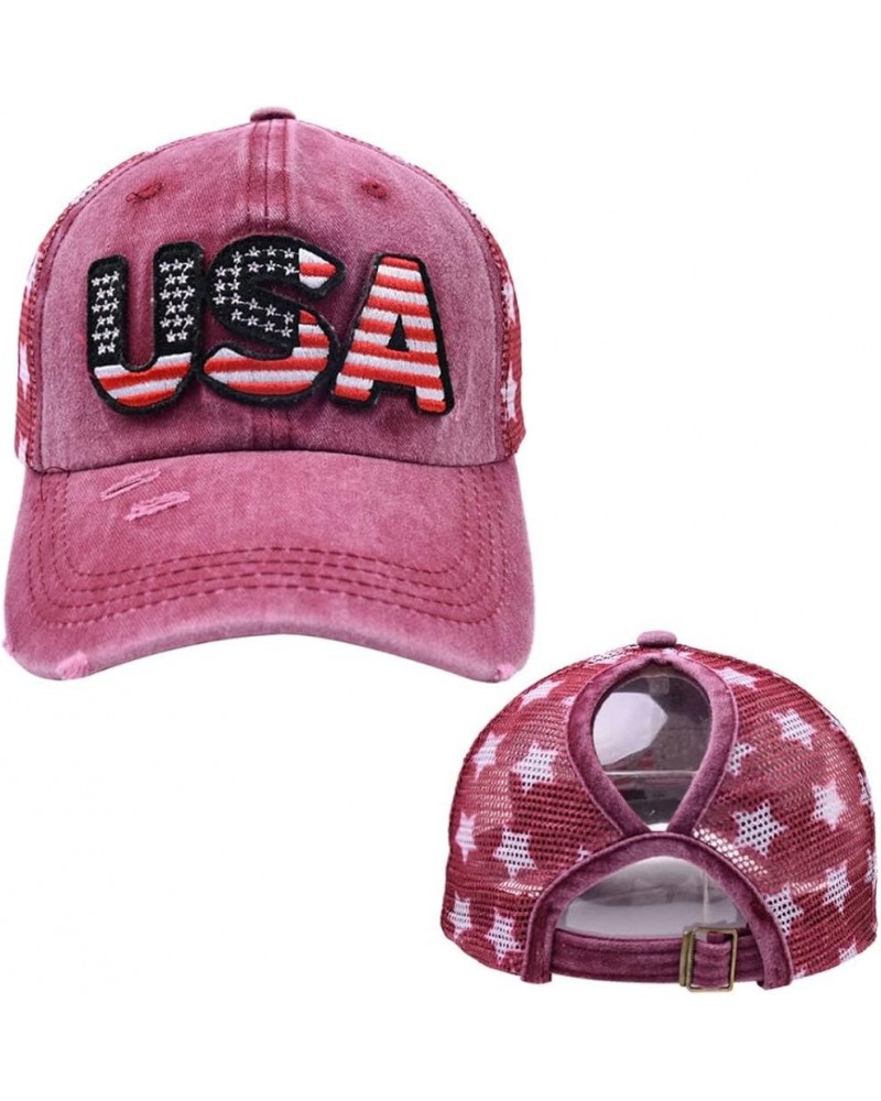 Retro Embroidery Women Ponytail Baseball Cap Trucker Hat Mesh Cap Gorras Baseball Ponycap Wine Red $9.93 Baseball Caps