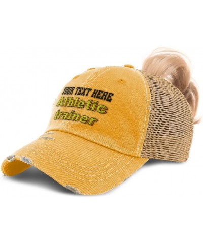 Womens Ponytail Cap Athletic Trainer Sports Cotton Medicine Distressed Trucker Hat Mustard Personalized Text Here $18.59 Base...