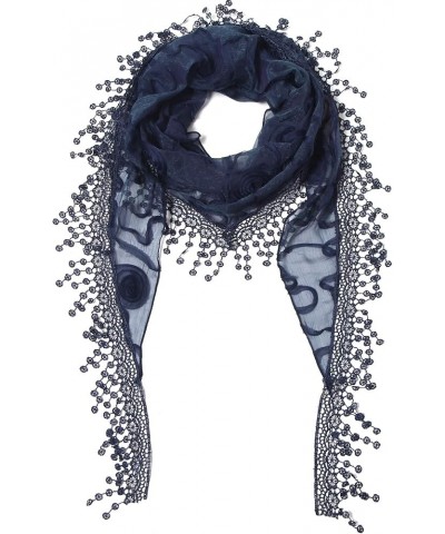 Lightweight Triangle Floral Fashion Lace Fringe Scarf Wrap for Women Navy $8.81 Scarves