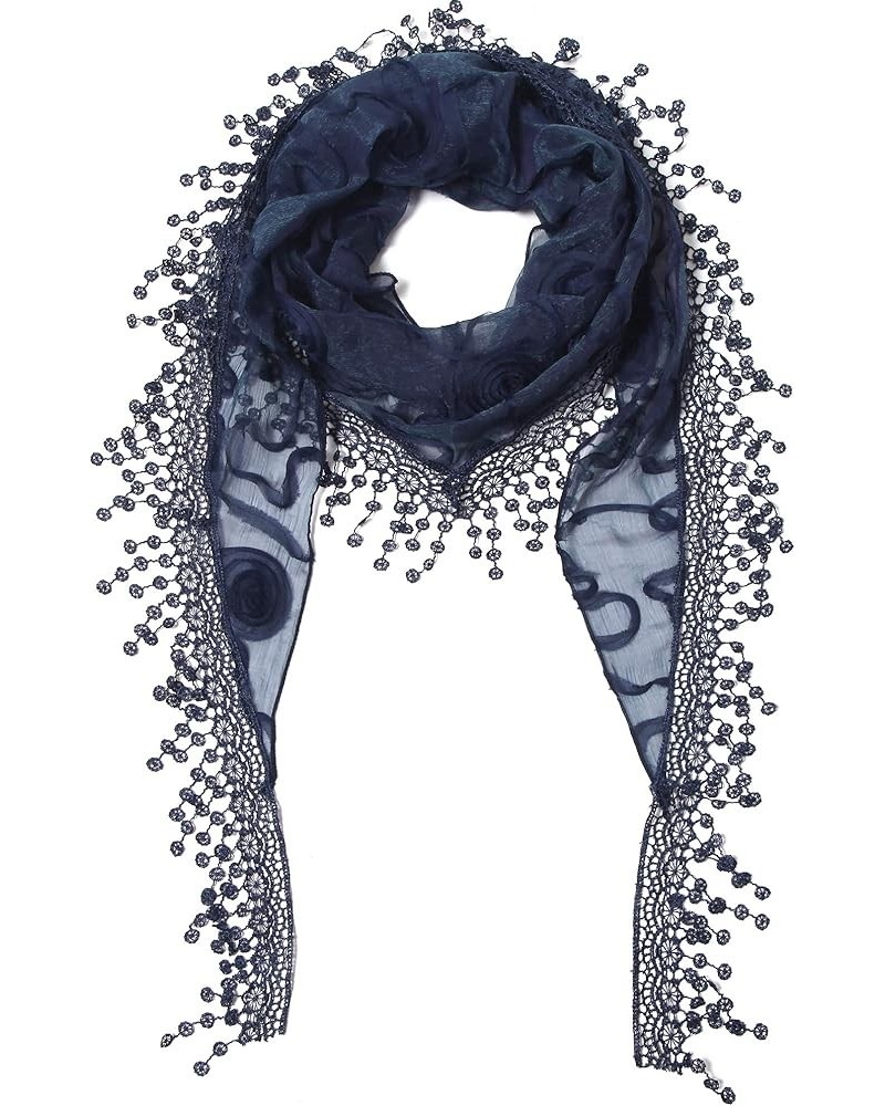 Lightweight Triangle Floral Fashion Lace Fringe Scarf Wrap for Women Navy $8.81 Scarves