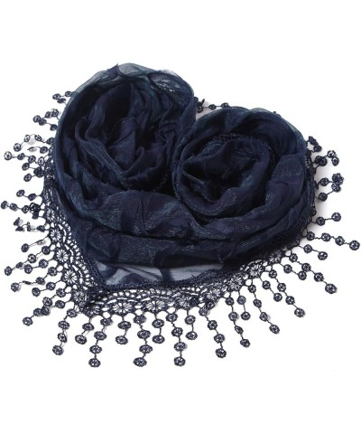 Lightweight Triangle Floral Fashion Lace Fringe Scarf Wrap for Women Navy $8.81 Scarves