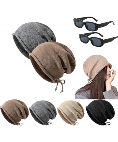 Pop Style Show Face Smaller Stacked Hat, Slouchy Knit Folded Hat, Drawstring Stack Hat for Women Coffee+gray $13.79 Skullies ...