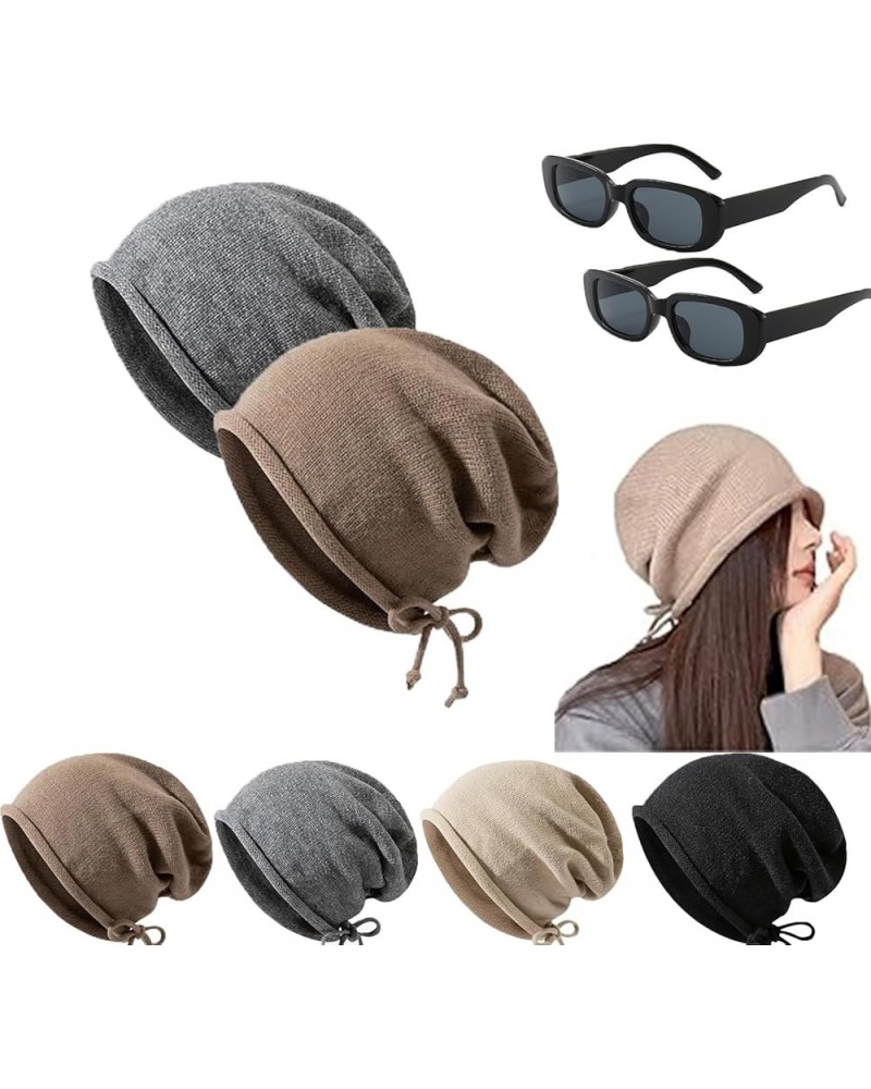 Pop Style Show Face Smaller Stacked Hat, Slouchy Knit Folded Hat, Drawstring Stack Hat for Women Coffee+gray $13.79 Skullies ...