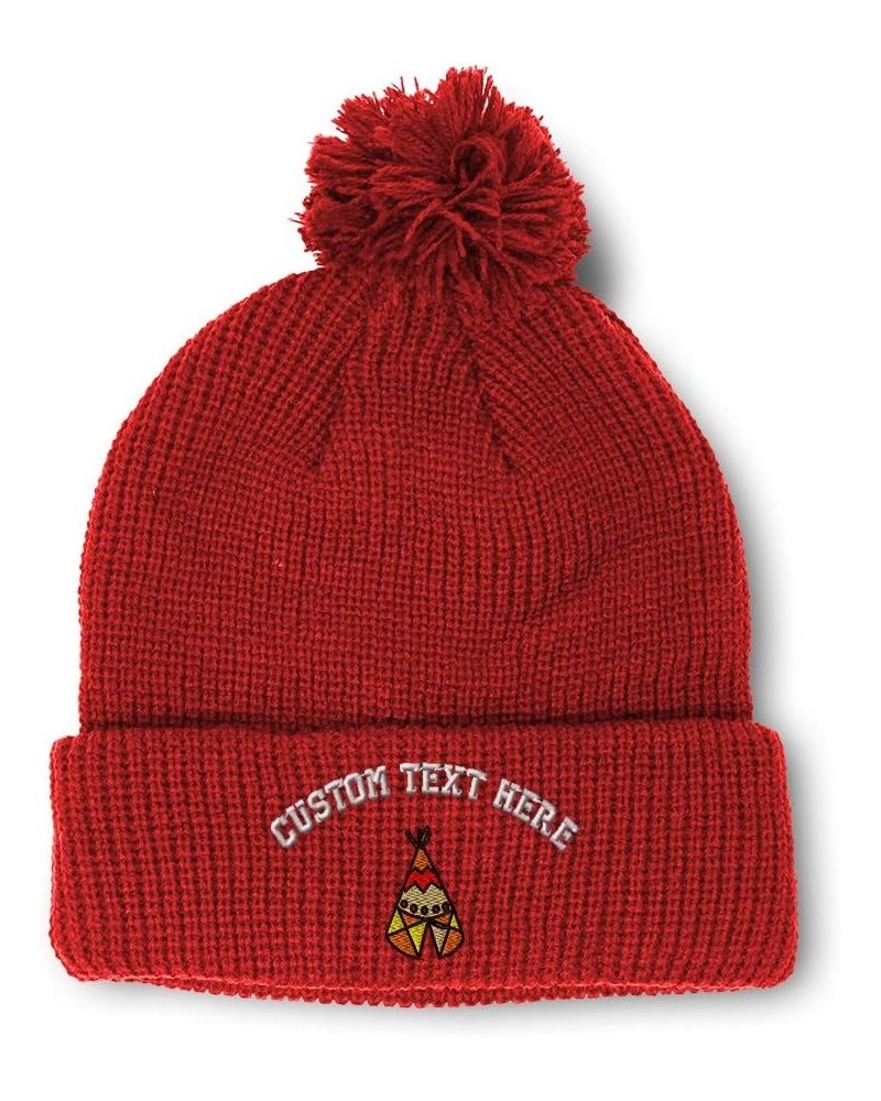 Custom Pom Pom Beanies for Women Native Indian Tepee Tribal Embroidery Skull Cap Winter Hats for Men 1 Size Red Personalized ...