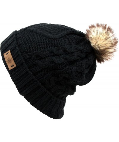 Women's Winter Fleece Lined Cable Knitted Pom Pom Beanie Hat Black $8.67 Skullies & Beanies