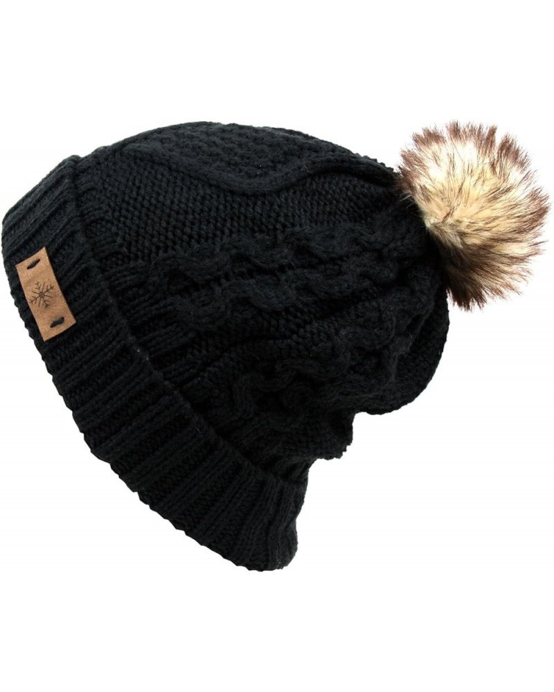 Women's Winter Fleece Lined Cable Knitted Pom Pom Beanie Hat Black $8.67 Skullies & Beanies