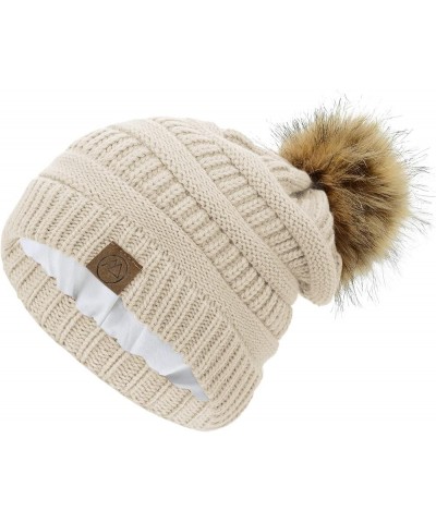 Satin Lined Beanie Pom Pom Satin Lined Winter Hats for Women Warm Beanie Hats for Women Thick Womens Winter Hats Beige $12.99...