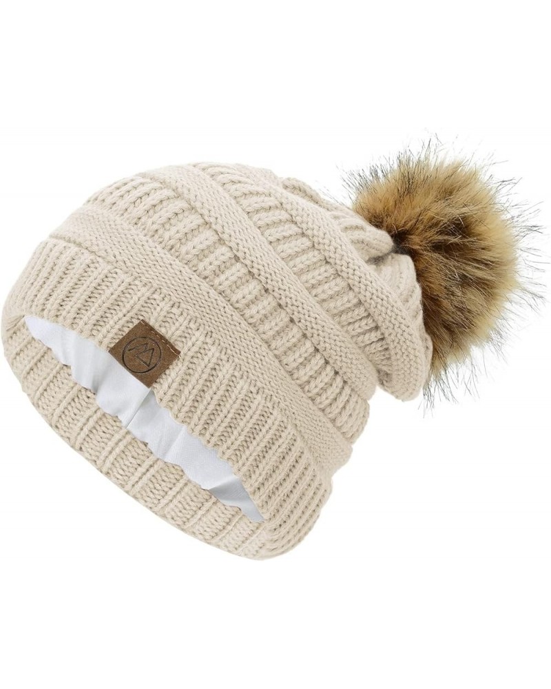 Satin Lined Beanie Pom Pom Satin Lined Winter Hats for Women Warm Beanie Hats for Women Thick Womens Winter Hats Beige $12.99...