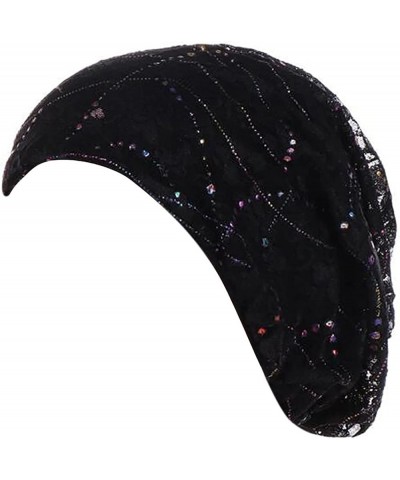 Women Wrap Cap Hat Muslim Lace Ruffle Braid Beading Baseball Caps Marching Band Hats for Women 1-black $11.76 Skullies & Beanies