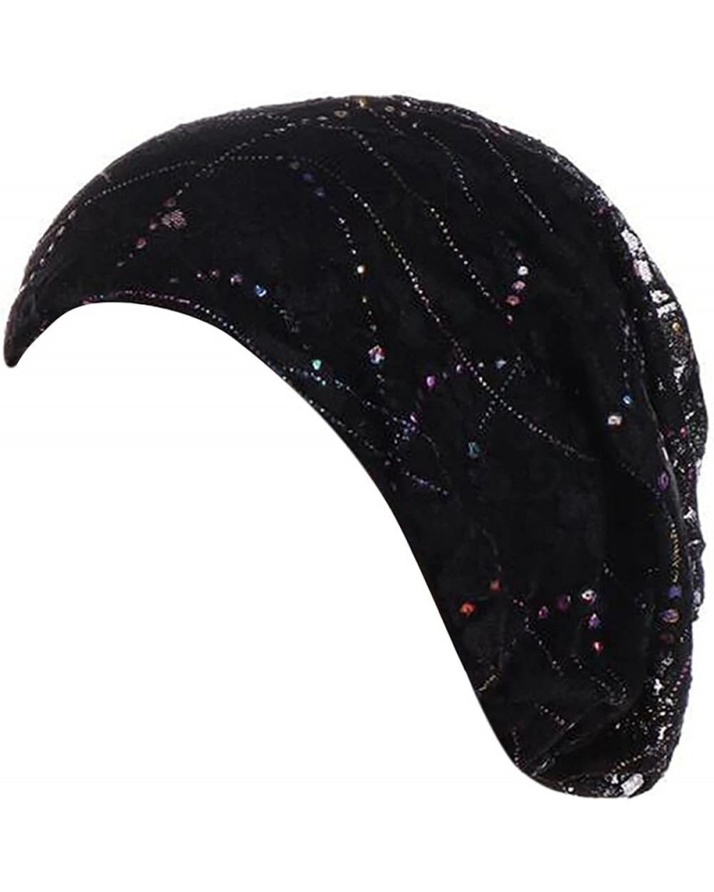 Women Wrap Cap Hat Muslim Lace Ruffle Braid Beading Baseball Caps Marching Band Hats for Women 1-black $11.76 Skullies & Beanies